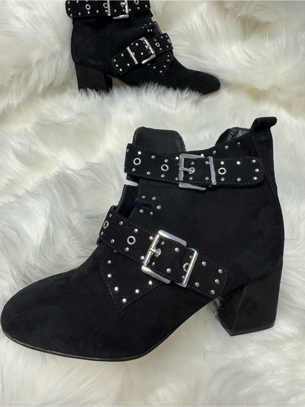 Rebecca Minkoff Black Suede Studded Buckle Ankle Boots